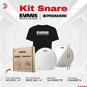 Kit Snare Evans com Pele HD Dry 14'', Pele Resposta Hazy 300 14'', Baqueta ProMark 5A, Camisa Evans SALDÃO - SP