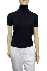 Top Cashmere Preto Manga Curta Gola Alta