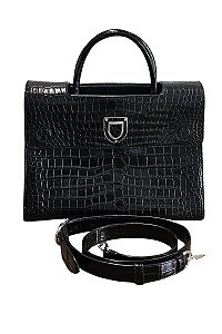 Bolsa Christian Dior Diorever preta em couro de crocodilo com detalhes em prata.