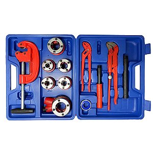 KIT TARRAXA MANUAL 13 PEÇAS COM MALETA ROSCA ROSCA BSP/BSPT ALICATE BOMBA E CORTADOR DE TUBOS