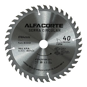 Disco Serra Circular 184mm 40 Dentes Para Madeira, MDF e Chapas
