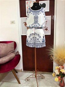 Conjunto Branco Estampa Azul TAM G