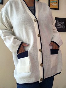 Cardigan Branco com Azul Marinho TAM G