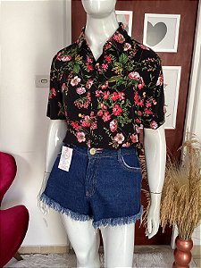 Camisa Estampada Florida Rosa e Preto TAM G