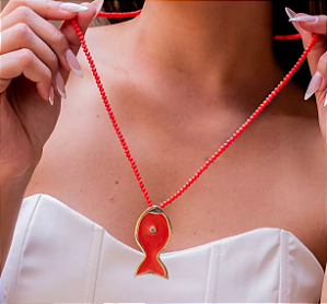 Colar Longo Cristais Laranja com Peixe Maxi Resinado