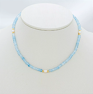 Choker Pedra Natural Ágata Azul com Pérolas de Água Doce