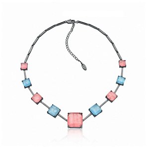 CHOKER / COLAR  MIX QUADRADOS FUSION  CORAL LIGHT C/ CALCEDONIA -  RÓDIO NEGRO