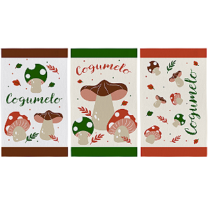 Pano de Prato Copa Teka Primore Atoalhado Cogumelos (kit com 3 unidades)