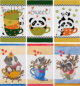 Panos de Prato Teka Primore Pandas/Dogs - 6 peças
