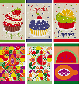 Panos de Prato Teka Primore Cupcakes/Frutas - 6 peças