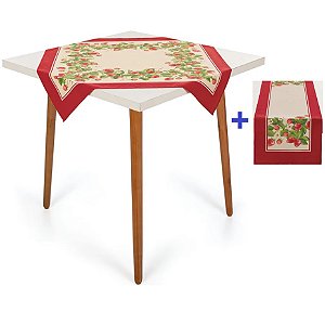 Toalha de Chá Karsten Morangos 78x78cm +Trilho de Mesa 2 pçs