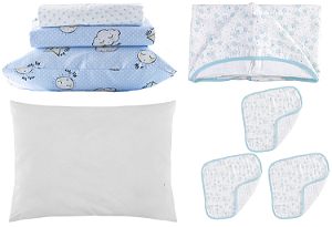 Jogo Berço Azul Teka + Travesseiro +Capuz + Panos Boca 8 Pçs