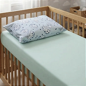 Jogo Lençol verde + Fronha Azul para berço Malha Estampado Teka Baby 2 Peças