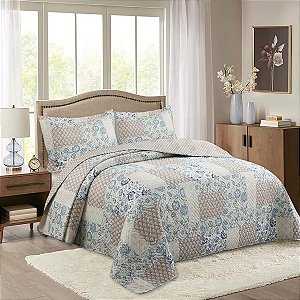 Colcha Bouti King Azul Vintage + 2 Porta Travesseiros - 3 peças