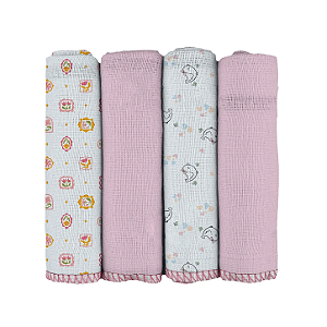 Pano de Boca Bublim Estampado Passarinho Rosa 4 Peças