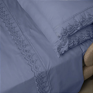 Jogo de Cama Rendado Queen Percal Soft 300 Azul- 4 peças