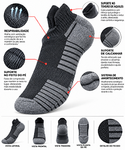 RUNNING TECH CUSHION CURTA ( Preta com cinza )- Meia compressiva de corrida com amortecimento