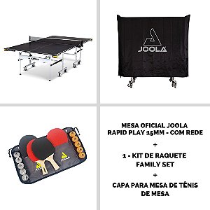 Mesa Oficial JOOLA RAPID PLAY 15mm + 1 Conjunto de raquetes de tênis de mesa Family Set (maleta com 4 raquetes e 10 bolas) + Capa para mesa de Tênis de Mesa