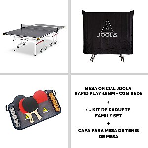 Mesa Oficial JOOLA RAPID PLAY 18mm + 1 Conjunto de raquetes de tênis de mesa Family Set (maleta com 4 raquetes e 10 bolas) + Capa para mesa de Tênis de Mesa