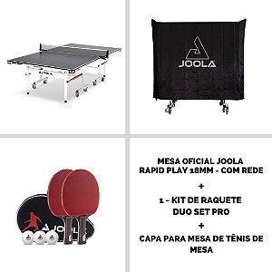 Mesa Oficial JOOLA RAPID PLAY 18mm + 1 Conjunto de raquetes de tênis de mesa Duo Set Pro (2 raquetes e 3 bolas) + Capa para mesa de Tênis de Mesa