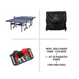 Mesa Joola Inside  15mm + 1 Conjunto Family Set (maleta com 4 raquetes e 10 bolas) + Capa para mesa (Posição Vertical)