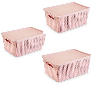 Conjunto 3 Caixas Organizadoras Rattan 16 Litros Tampa Rosa