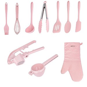 Kit Utensílios de Silicone Rosa 10 peças luxo