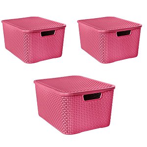 Caixa Organizadora Grande com Tampa Rosa Pink Rattan Kit 3 peças 40 Litros