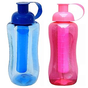 Garrafa de água Squeeze com Tubo de Gelo em Plástico Rosa e Azul 600ml Academia