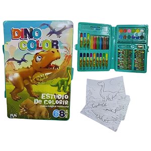 Estojo Maleta Escolar de Pintura Canetinhas e Lápis 68 Peças Dinossauro Verde