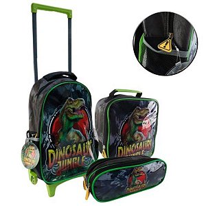 Kit Escolar Mochila de Rodinhas Lancheira e Estojo Infantil Dinossauro