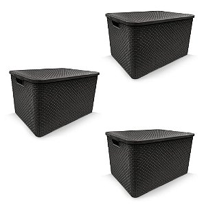 Conjunto de 3 peças Caixas Organizadoras Rattan Grande com Tampa 20 Litros