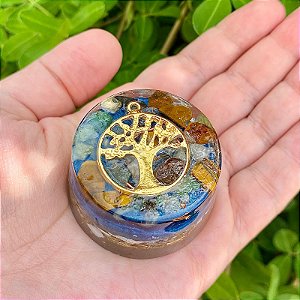 Orgonite Redondo Mini Árvore Da Vida Com Olho De Tigre E Quartzo Verde