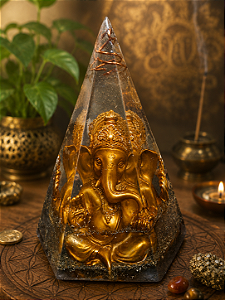 Capela Orgonite Pirâmide Ganesha Dourado da Prosperidade com pirita, olho de tigre e cornalina