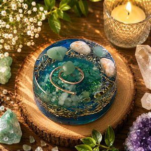 Orgonite redonda com quartzo verde e pedra do sol - saúde física