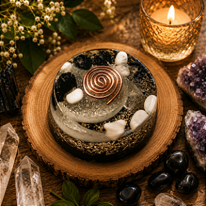 Orgonite redonda yin e yang com howlita e turmalina negra - Elimina dor e equilibra energia