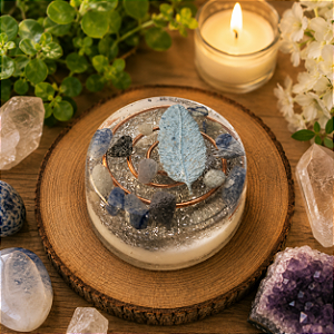 Orgonite redonda 5x2 cm com quartzo azul , indicado para pessoas com pensamento acelerado e dificuldades para dormir (insônia)