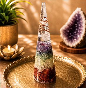 Cone orgonite harmonizador dos 7 chakras - Uso terapêutico e/ou individual com Ametista, sodalita, quartzo azul, quartzo verde, citrino, cornalina e jaspe vermelha