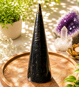 Cone orgonite de pó de turmalina negra - indicado para limpeza de lugares carregados, afasta obsessores, quebra de magia e proteção eletromagnética de ambientes.