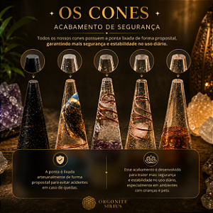 Cone orgonite de pó de turmalina negra - indicado para limpeza de lugares carregados, afasta obsessores, quebra de magia e proteção eletromagnética de ambientes.