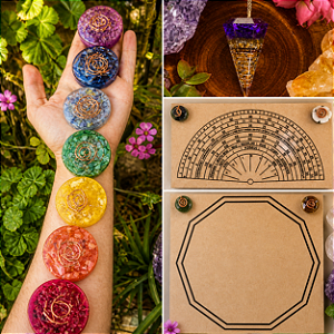 kit radiestesia básico + 7 chakras - Relógio Radiestésico, decagono, pêndulo orgonite e kit 7 chakras