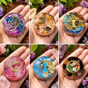 Kit 6 Orgonites Redondo Mini - Flor de Lótus, Chave, Arvore da Vida, Coração, Iemanjá e São Jorge