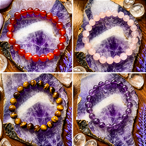 Kit 4 pulseiras Pedra Natural - Cornalina, Olho de Tigre, Quartzo Rosa e Ametista