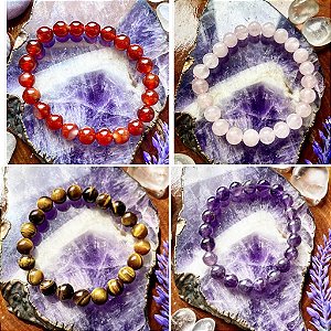Kit 4 pulseiras Pedra Natural - Cornalina, Olho de Tigre, Quartzo Rosa e Ametista