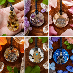 Kit 6 Pingentes Orgonite com Arquétipos - Chave - Citrino e Olho de Tigre, Ametista OM, Opala Rosa Ho'oponopono, Cornalina - Arvore da vida, Mão de Fátima - Howlita, Nossa Senhora - Sodalita