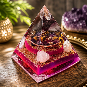 Pirâmide Orgonite Espelho Transmutador – Devolve a energia negativa à fonte (a quem enviou) - com Purpurita, Bronzita e Quartzo Rosa