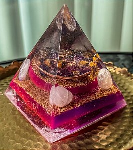 Pirâmide Orgonite Espelho Transmutador – Devolve a energia negativa à fonte (a quem enviou) - com Purpurita, Bronzita e Quartzo Rosa