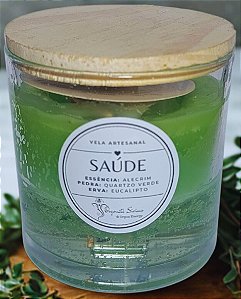 Vela Orgônica de Saúde Cristais e Ervas – Quartzo Verde e Eucalipto – 8x8cm