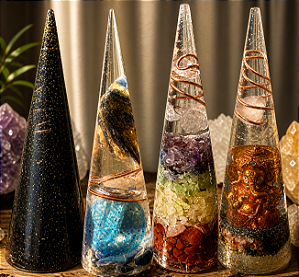 Kit 4 Cones Orgonite Sirius - Cone Turmalina, 7 chakras, Ganesha Prosperidade e Conexão Anjos