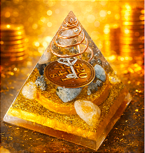 Pirâmide Orgonite Prosperidade Potencializada Arquétipo Chave 520 741 8– com Esmeralda, citrino e pirita ✨